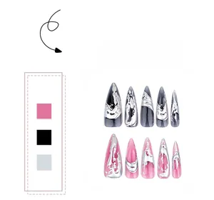 Detail of long stiletto press-on nails with silver fluid metal art and jelly finish