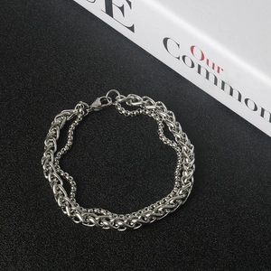 Double-layered stainless steel wheat and bead chain bracelet with lobster clasp