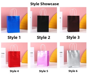 Detailed grid view showing 6 colors of glittery paper gift bags with white handles