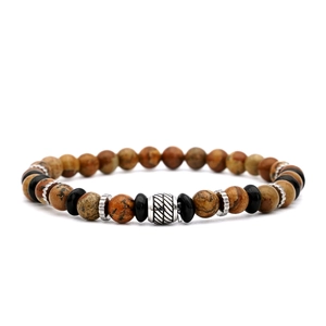 Men's natural map stone beaded bracelet with vintage silver accent bead and black accents
