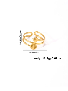 Detailed view of gold double-layer open ring with star and sun charms, 0.4cm width