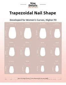 Size guide for coffin shape press-on nails with 12 dimensions for 24 piece set