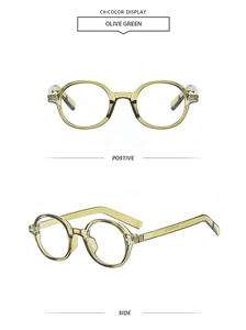 Detailed views of translucent olive green oval frames showing front and side profile angles