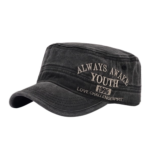 Vintage washed cotton flat top cadet cap in charcoal black with side letter embroidery