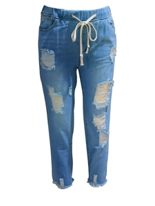 Women's light blue distressed skinny jeans with elastic drawstring waist and frayed hems
