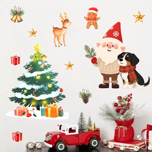 Detail of hand-drawn Santa Claus, reindeer, and Christmas tree wall stickers on a white wall
