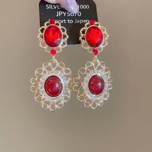 Palace Style Drop Earrings Red Oval Rhinestone Gold Hollow Filigree Alloy With Silver Earring Post Vintage For Women
