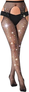 Close-up of black fishnet tights with sparkling rhinestones and waist cut-out detail