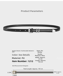 Detailed sizing chart for women's PU leather belt with silver buckle and 1.4cm width