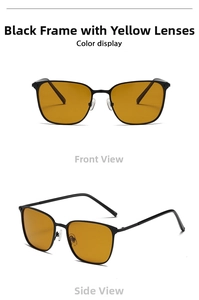Detail view of retro square metal polarized sunglasses with black frames and tea lenses