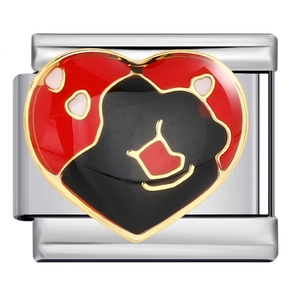 Maillon italien cœur rouge émaillé avec motif ours noir et bordure dorée raffinée