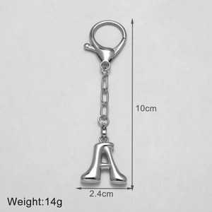Macro shot of silver letter A keychain with dimensions showing lobster clasp and chain