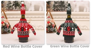 Detail of red and green knitted Christmas wine bottle covers with snowflakes and hats