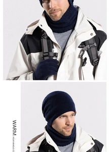Close-up of dark blue winter knit set including hat, scarf, and gloves with soft texture