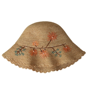 Handmade raffia straw sun hat with orange floral embroidery and pearl accents