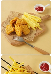 Macro detail of realistic fried chicken and french fries food model set with sauce