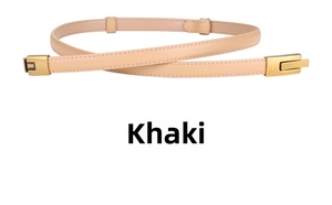 Detail of khaki leather belt with stitching and golden metal buckle for women