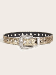 Close-up of golden glitter belt with silver rhinestone buckle and metal eyelets Y2K style