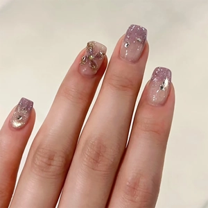 Purple Gradient Press On Nails Short Square Shape With 3D Flower And Rhinestone Decor Glossy Fake Nails