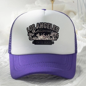 Close-up of purple and white Los Angeles trucker hat with vintage beach print detail