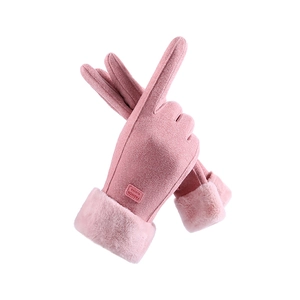 Roze suède winterhandschoenen voor dames met dikke imitatiebontrand