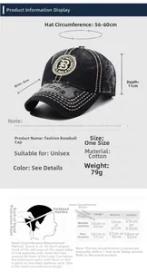 Size chart for vintage washed baseball cap showing dimensions and adjustable strap details