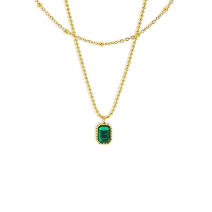 Vintage emerald zircon double layer necklace in gold-plated stainless steel for women