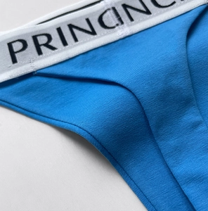 Detail of blue cotton athletic thong showing elastic waistband with lettering and stitching