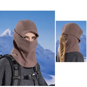 Winter thermal fleece face mask and hat with ponytail hole for outdoor skiing and cycling