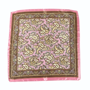 Pink paisley square silk scarf for women featuring a detailed floral border design