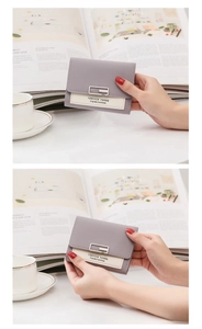Close-up of compact purple and cream wallet featuring a square metal buckle and branding
