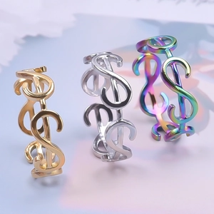 Stainless steel dollar sign open rings in gold, silver, and rainbow colors