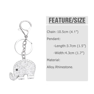 Detailed view of rhinestone elephant keychain pendant with dimensions and specifications