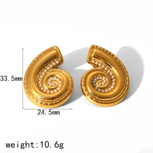 Golden spiral shell stud earrings with white pearls and stainless steel dimensions