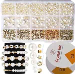 DIY jewelry kit with white pearls, gold charms, elastic strings, and a display stand