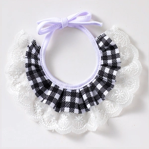 Black and white plaid pet bib with floral lace trim and purple adjustable neck tie