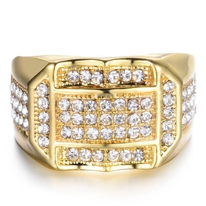 Men's hip hop gold ring with square face and micropave white cubic zirconia stones