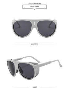 Dual view of gray pilot sunglasses showing front and side profile with side shields