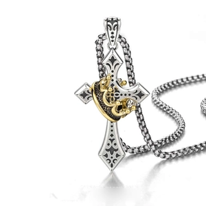 Retro silver cross necklace with gold crown detail and box chain for men