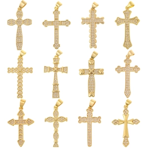 Vintage Cross Pendant Copper Gold Plated Micro Inlaid Zircon DIY Jewelry Religious Accessory For Women Elegant