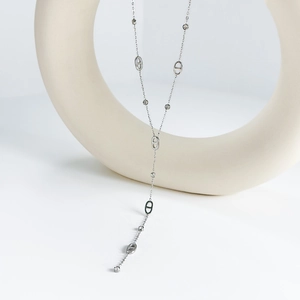 Elegant silver stainless steel Y-shaped necklace with oval hollow links and round stones