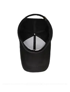 Internal view of black baseball cap with adjustable metal buckle and neat stitching