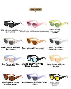 Detailed grid showing twelve color options of vintage cat-eye sunglasses with UV protection