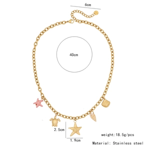 Detailed view of gold stainless steel necklace featuring starfish and turtle sea charms