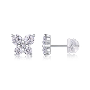 Detail of silver butterfly stud earrings with sparkling cubic zirconia and clear backings