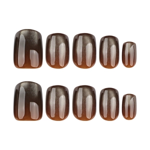 Brown cat-eye magnetic press-on nails in short square shape with shimmering metallic finish