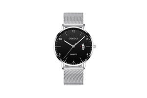 Detail of Geneva quartz watch with black dial, silver mesh strap and date window