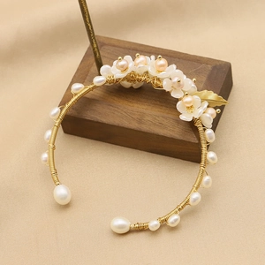 Handmade Freshwater Pearl Flower Open Cuff Bracelet Copper Plated Vintage Floral Petal Jewelry Gift For Women Elegant Style