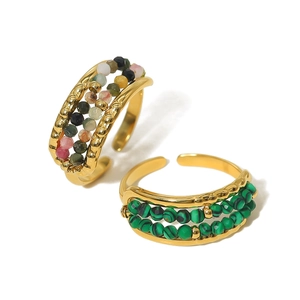 French style gold titanium steel rings with malachite and colorful beads in open design