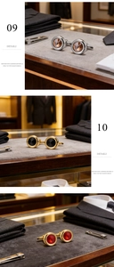Detail of luxury round crystal cufflinks in amber, black, and ruby red tones
